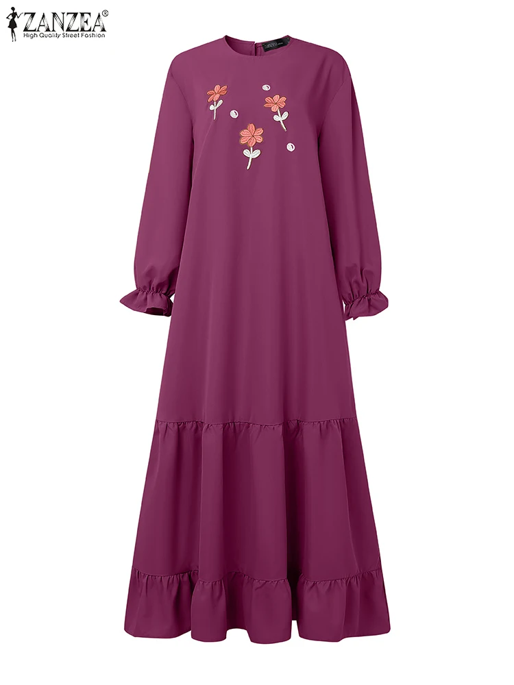 ZANZEA Fashion Women Autumn Long Lantern Sleeve Muslim Dress Dubai Abaya Embroidery Maxi Dresses Robe Femme Floral Vestidos 2025 - Image 2