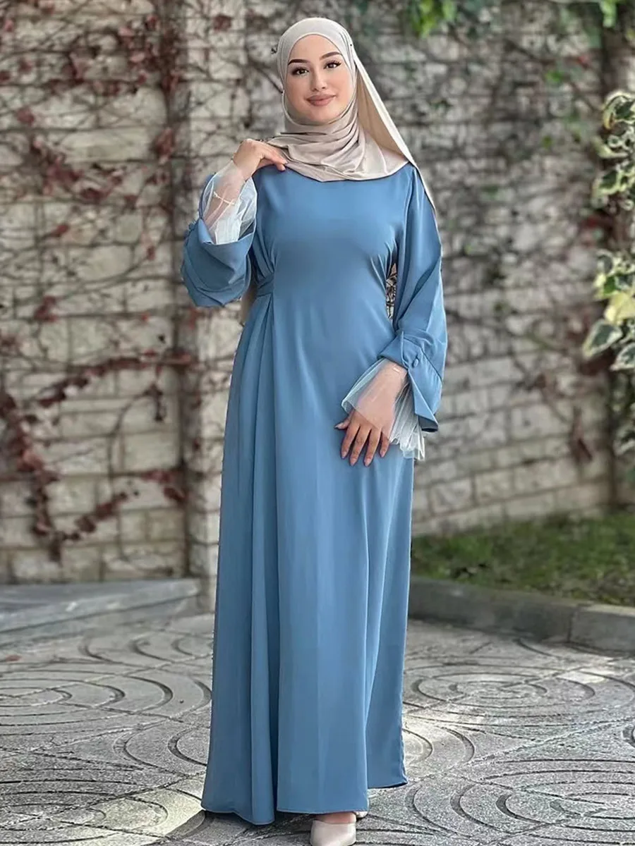 Muslim Women Arabic Dubai Abaya Lace Patchwork Sleeve Long Dress Kaftan Solid Modest Ramadan Robe Femme Islam Clothing Kebaya