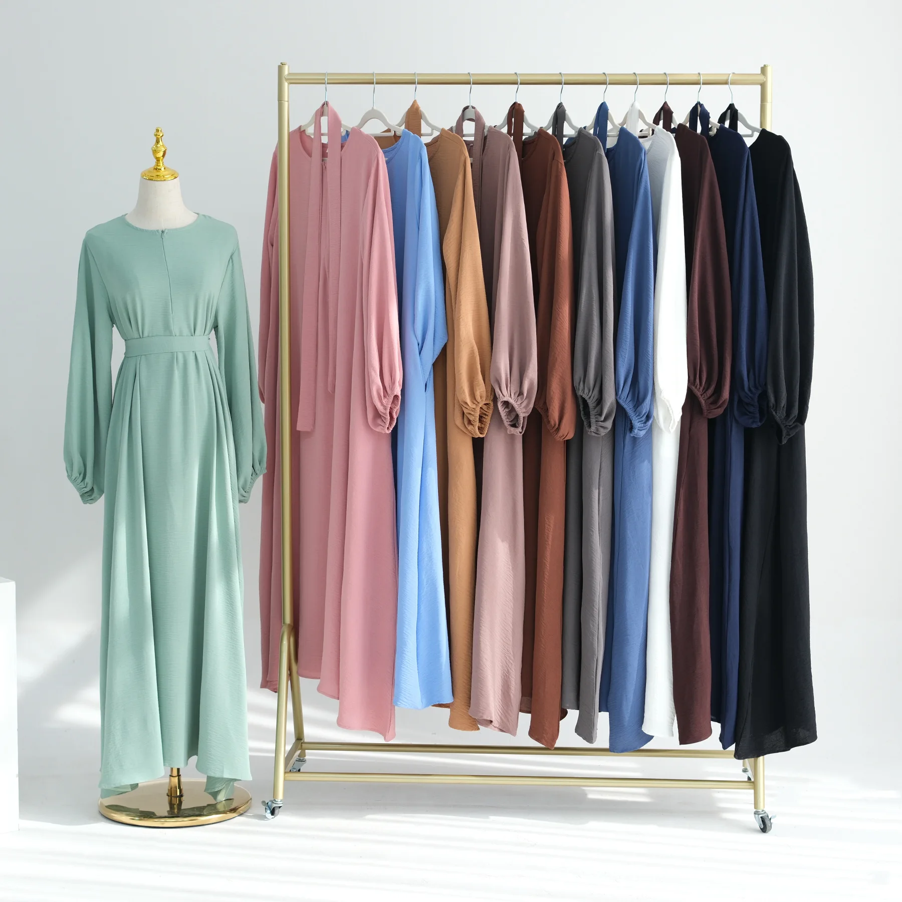 Muslim Abaya Islamic Clothing Modest Abaya Muslim Women Dress Puff Sleeve Wrinkle Polyester Abaya Femmes Robe Musulmane - Image 2