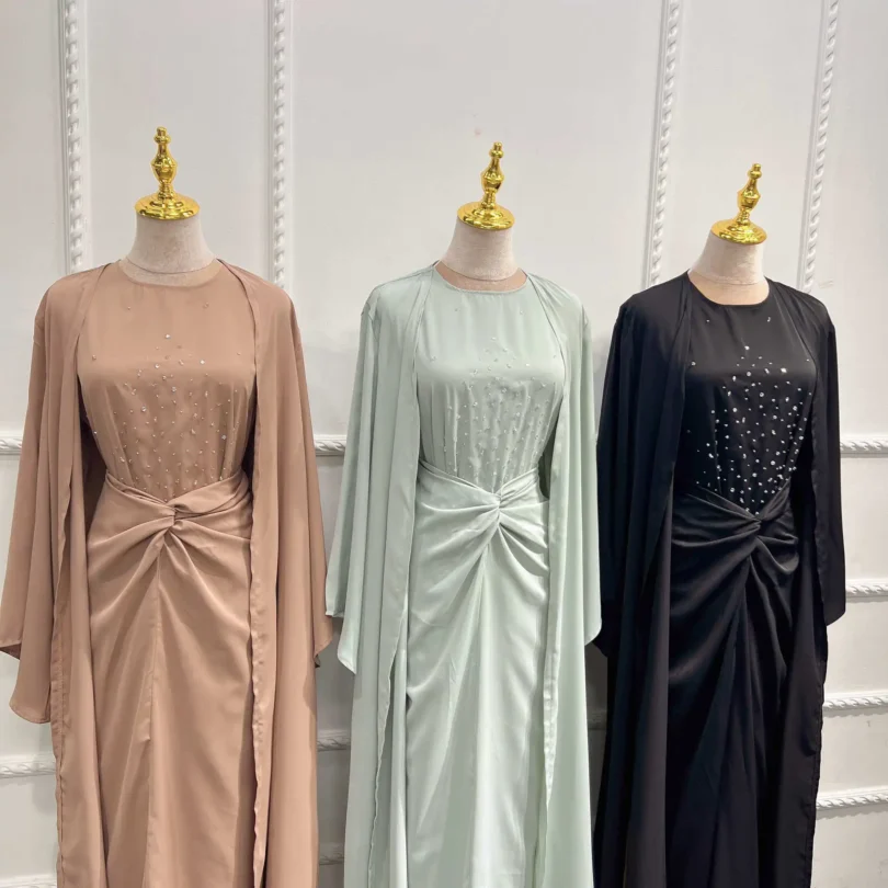 Turkish Solid Color Fashion Beaded Three Piece Set Muslim Women Outfit Abaya Jilbab Hijab Modest Clothing - Image 5