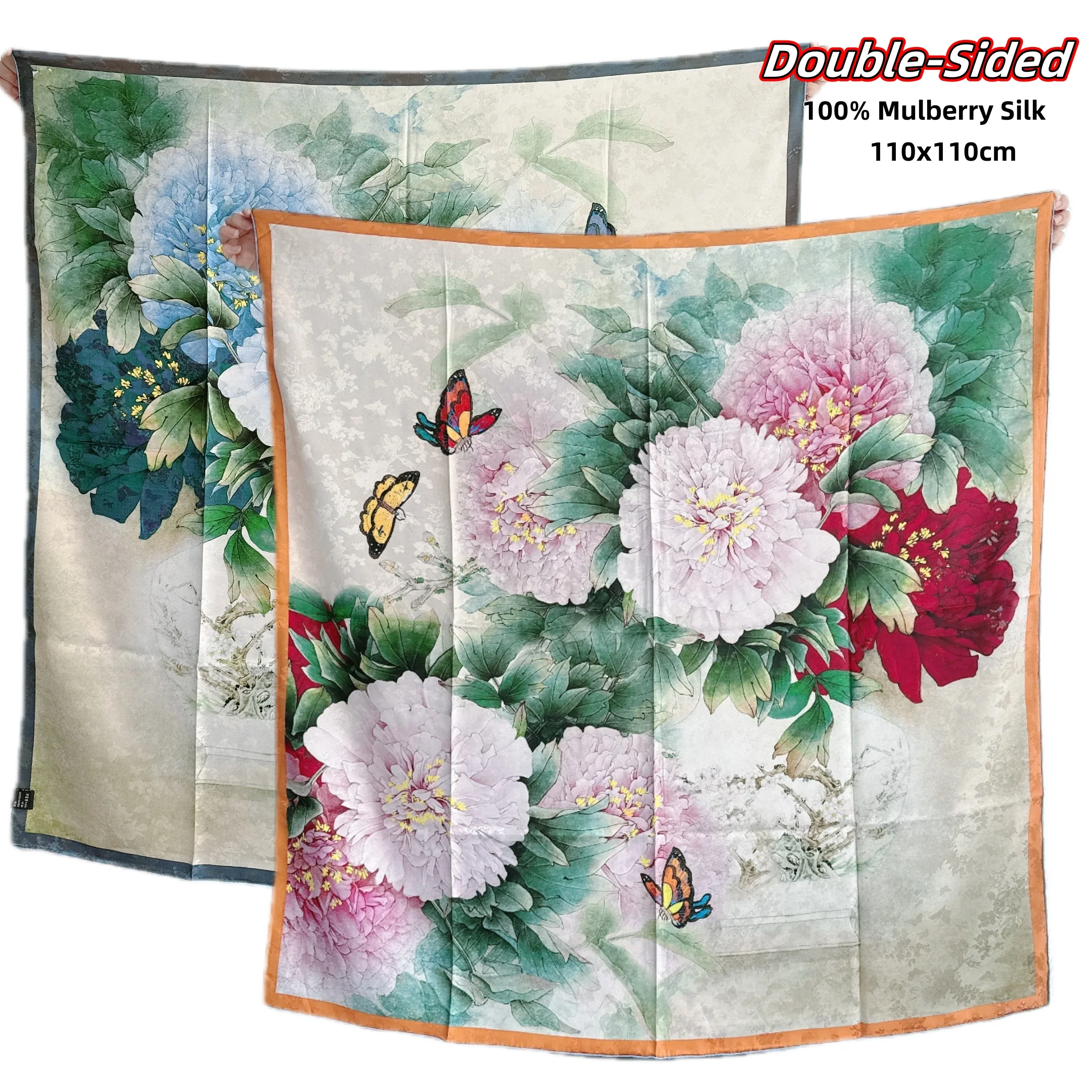 Double-Sided Peonies Print Chinese Style 100% Silk Scarf 110cm 110cm Large Luxury Women's Square Scarf Hand-Rolled Headscarf - Image 2