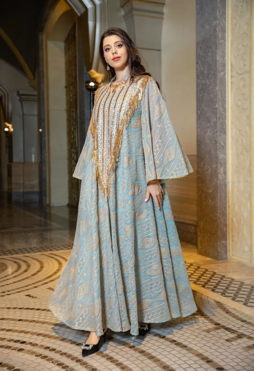 2025 New Luxury Dubai Style Muslim Abaya Light Green with Gold Shine Sequin Embellishments Ideal for Arabian High Society Galas