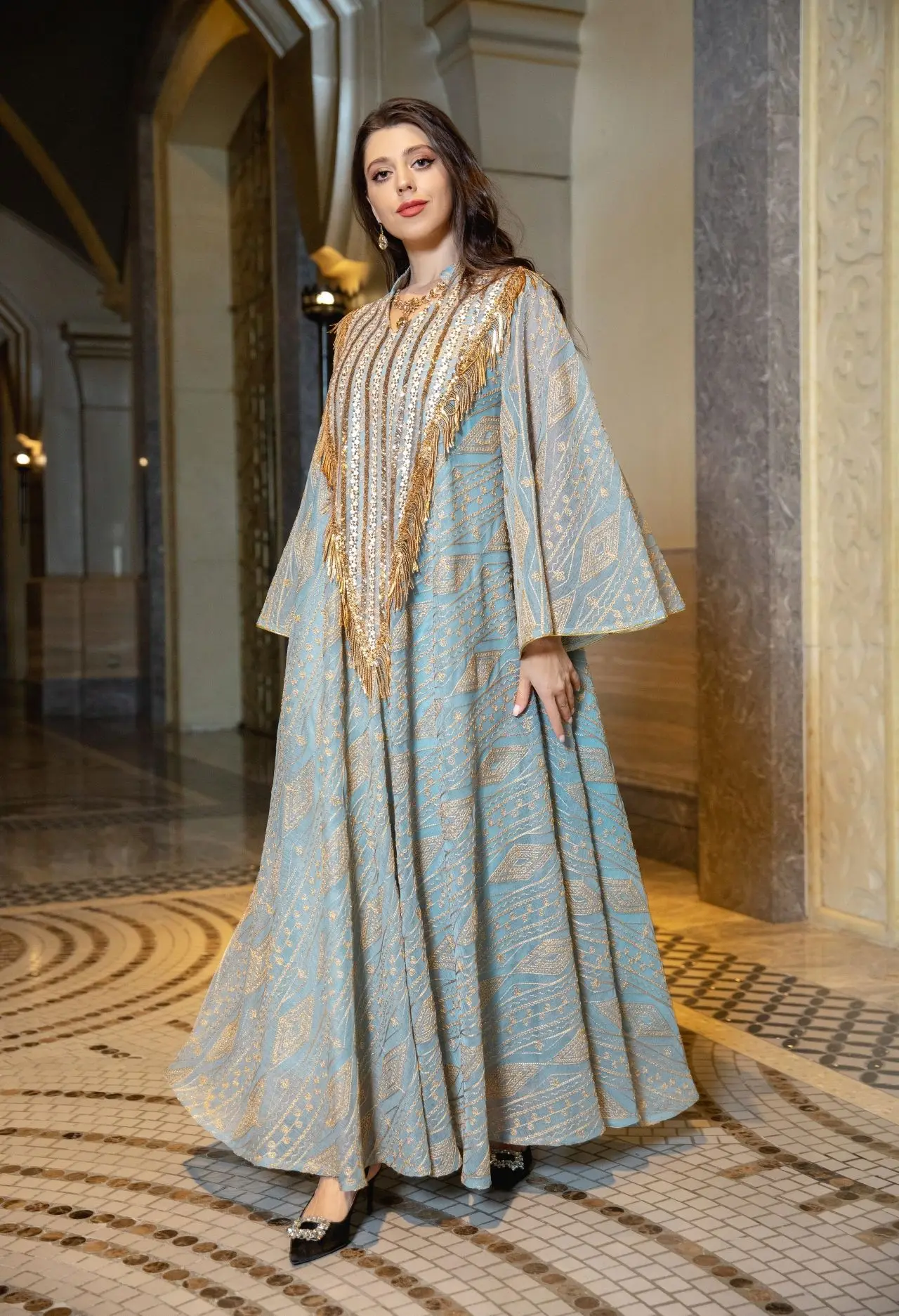 2025 New Luxury Dubai Style Muslim Abaya Light Green with Gold Shine Sequin Embellishments Ideal for Arabian High Society Galas