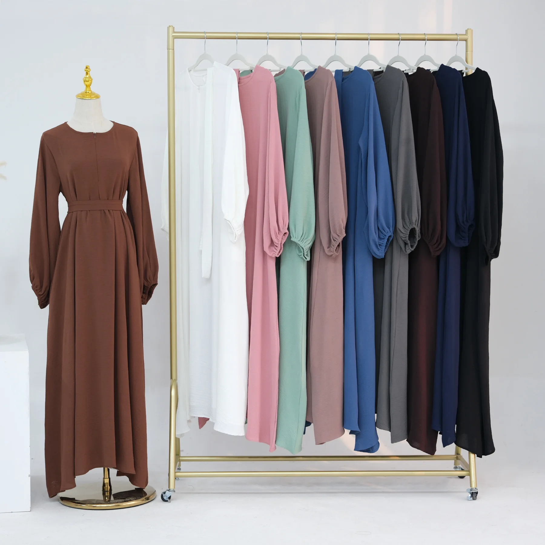 Muslim Abaya Islamic Clothing Modest Abaya Muslim Women Dress Puff Sleeve Wrinkle Polyester Abaya Femmes Robe Musulmane - Image 4