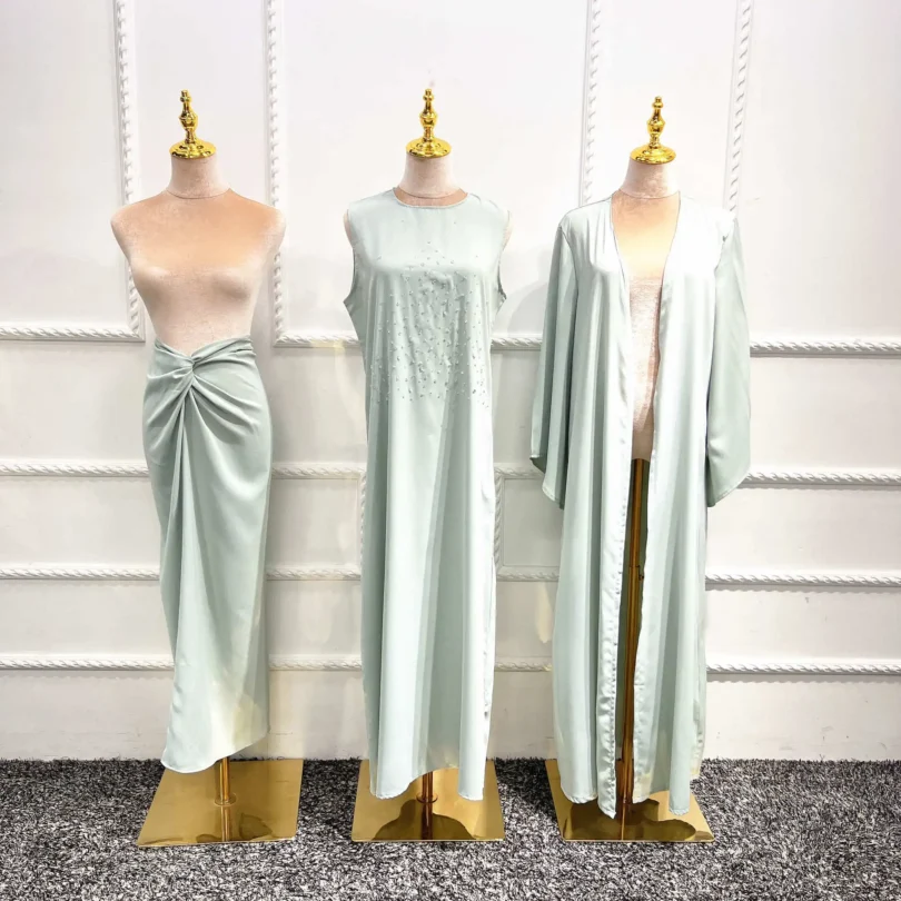 Turkish Solid Color Fashion Beaded Three Piece Set Muslim Women Outfit Abaya Jilbab Hijab Modest Clothing - Image 4