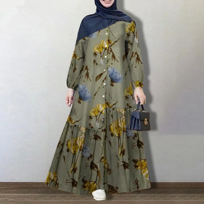 Muslim cotton and linen printed round neck button bubble long sleeved rubber band cuffs fashion loose casual dress - Image 3