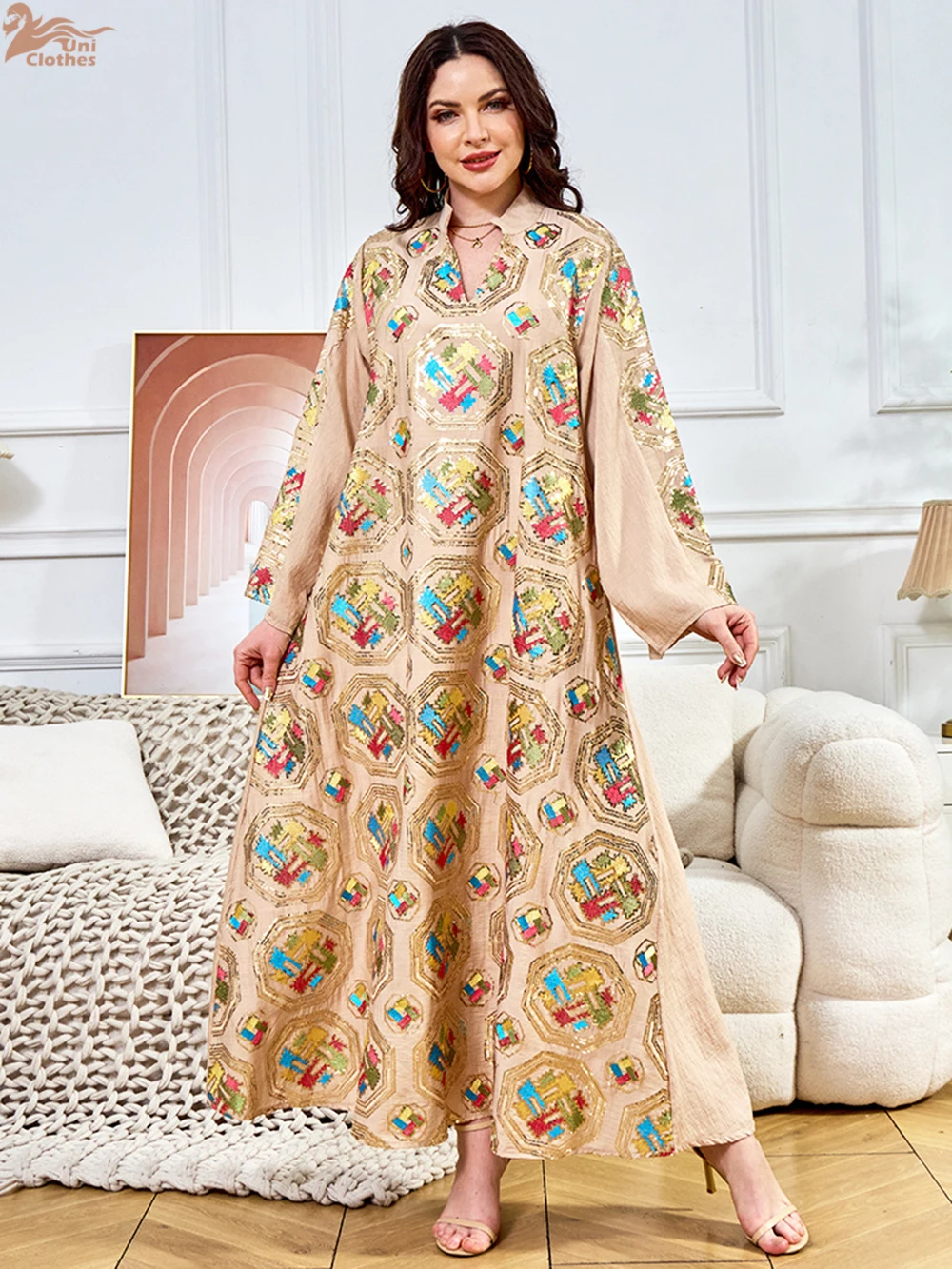 Uni Embroideried Sequin Luxurious Dresses With Long Sleeves Muslim Dubai Fashion Elegant Loose Abayas Women's Evening Dress - Image 3