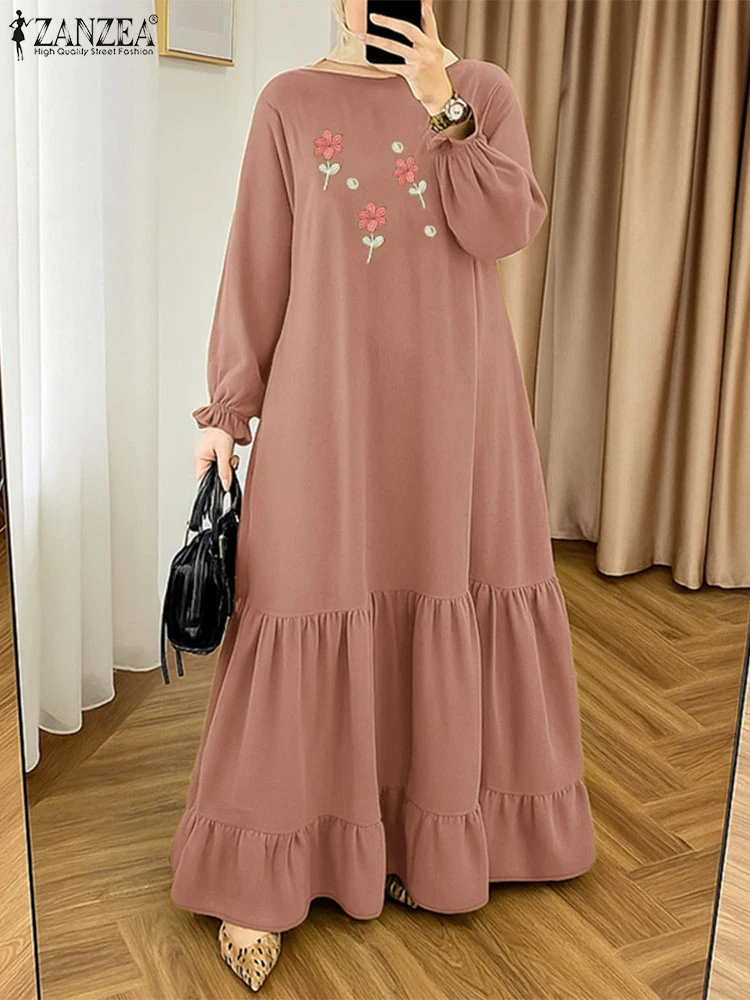 ZANZEA Fashion Women Autumn Long Lantern Sleeve Muslim Dress Dubai Abaya Embroidery Maxi Dresses Robe Femme Floral Vestidos 2025 - Image 4