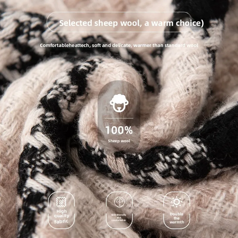 New luxury 100% Wool Plaid Scarf Women Autumn Winter Warm Shawl Hijab Soft Lightly Hair Wrap Fashionable Versatile Head Scarves - Image 3