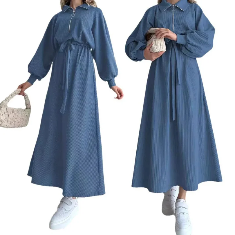 Fashion Muslim Dress New Solid Color Zipper Belt Fashion Lapel Elegant Dress Muslim Women Modest Long Dresses