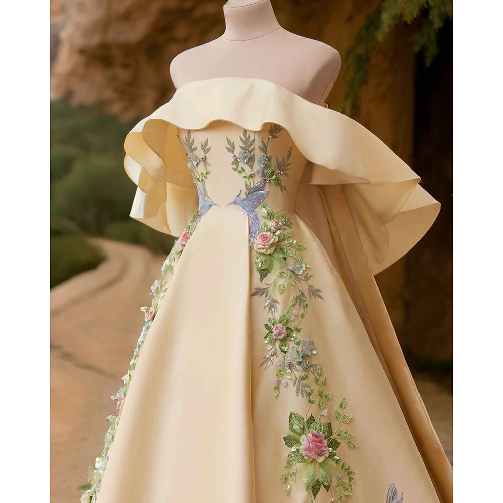 Luxury Appliques Evening Dresses Yellow Srapless Chapel Train Sleeveless Draped Formal Occasion Elegant Women Princess Dress - Image 2
