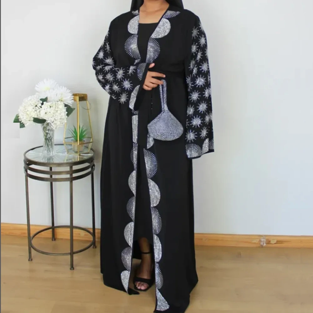 Shiny Black Dubai Abaya For Muslim Women With Belt Luxury Silver Rhinestone Diamond For Ramadan Party Elegant Turkey Kebaya - Image 4