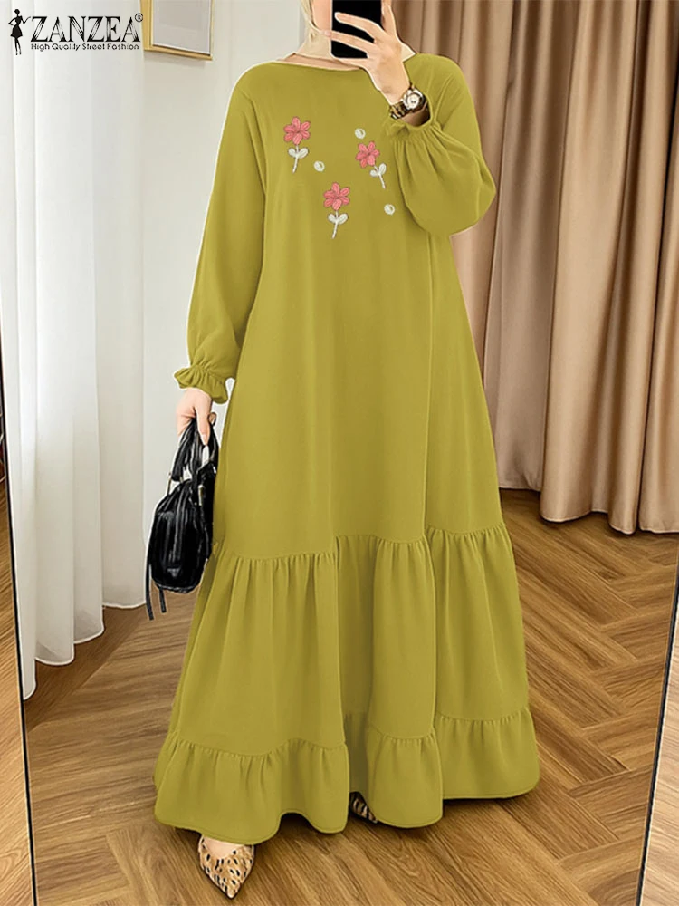 ZANZEA Fashion Women Autumn Long Lantern Sleeve Muslim Dress Dubai Abaya Embroidery Maxi Dresses Robe Femme Floral Vestidos 2025 - Image 5