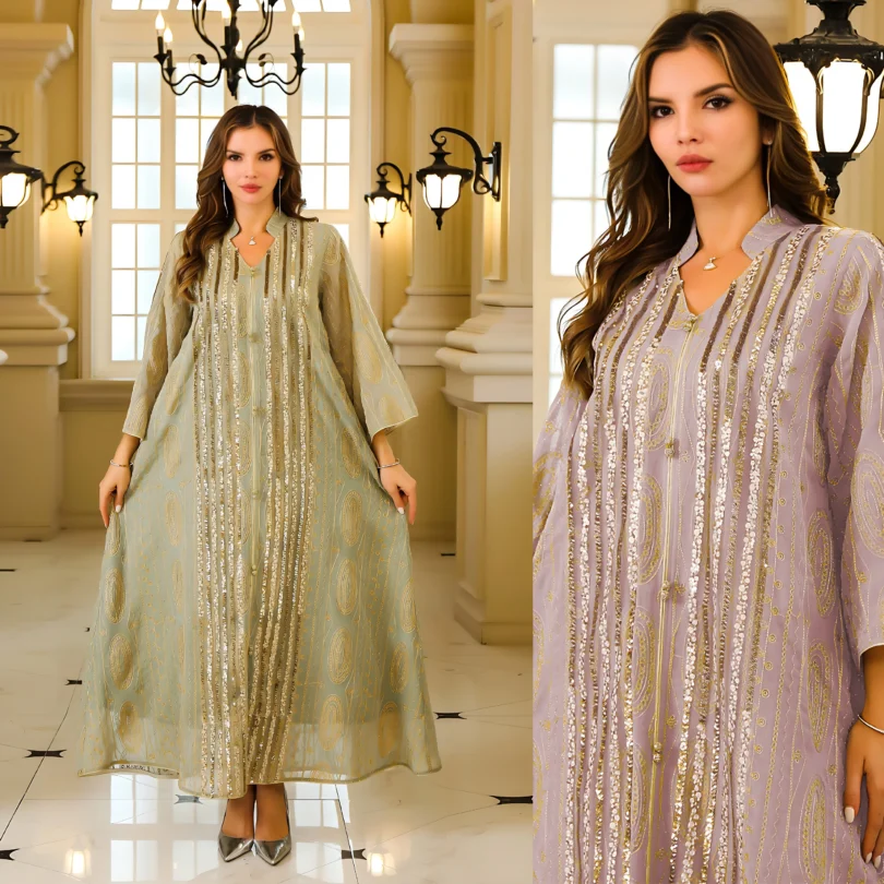 Fashion Muslim Jalabiya Abaya for Women Elegant Long Sleeve Dress Dubai Turkey Loose Sequin Dress Moroccan Islamic Party Clothes