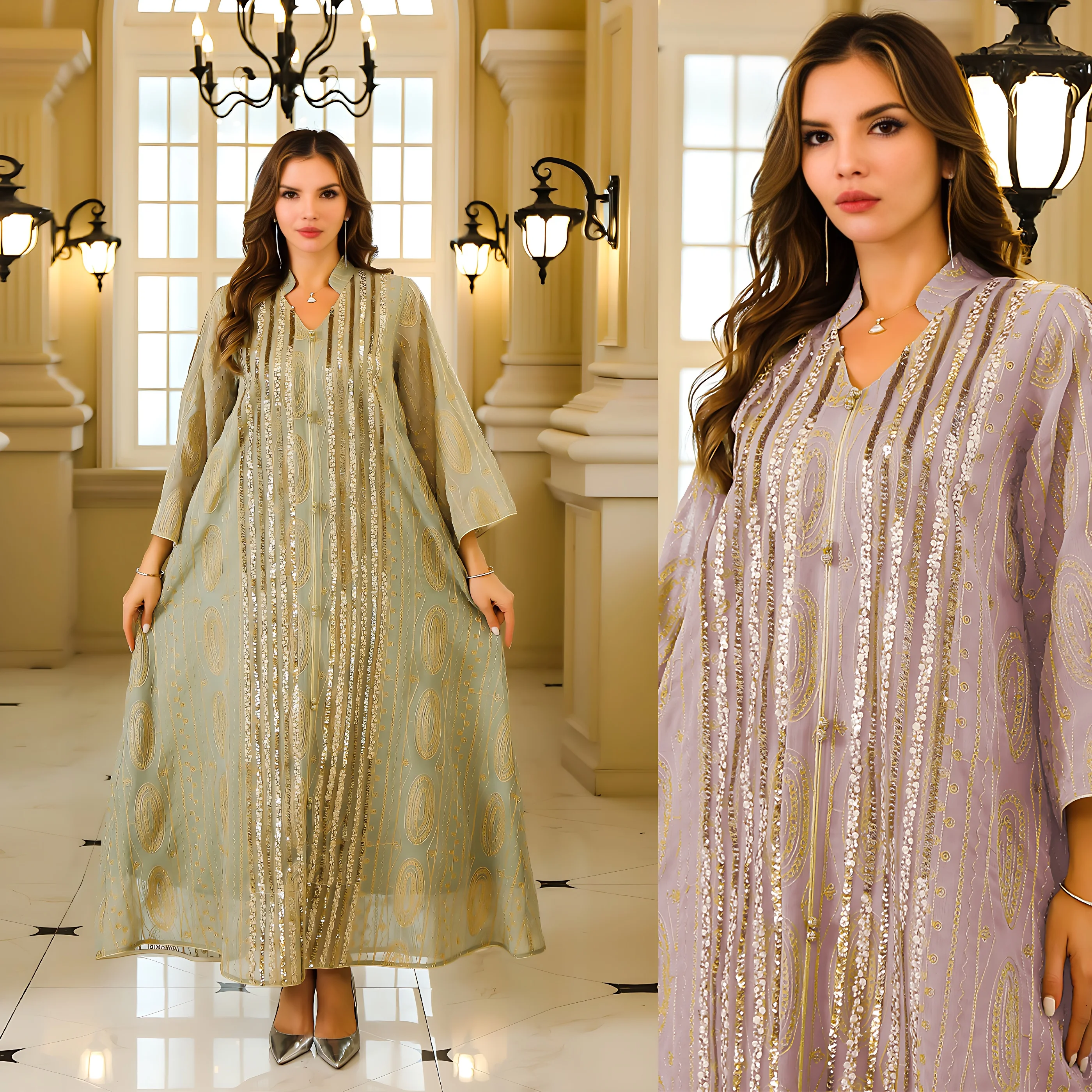 Fashion Muslim Jalabiya Abaya for Women Elegant Long Sleeve Dress Dubai Turkey Loose Sequin Dress Moroccan Islamic Party Clothes