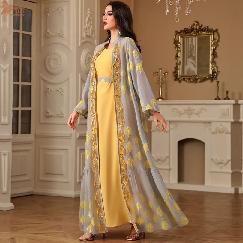 Ramadan Eid Muslim Women Embroidery Kimono Open Abaya Maxi Dress Set 2PCS Caftan Marocain Femme Jalabiya Kaftan Dubai Gown Robe - Image 4
