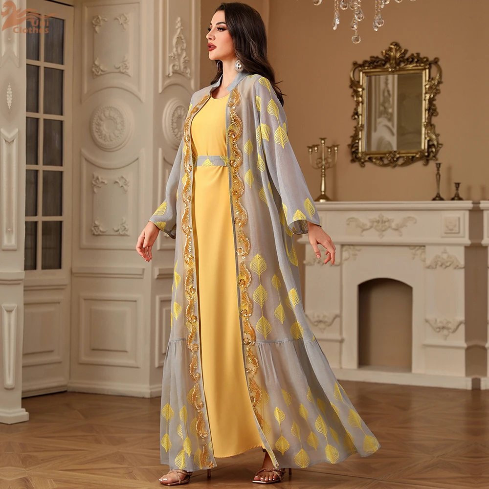 Ramadan Eid Muslim Women Embroidery Kimono Open Abaya Maxi Dress Set 2PCS Caftan Marocain Femme Jalabiya Kaftan Dubai Gown Robe - Image 4