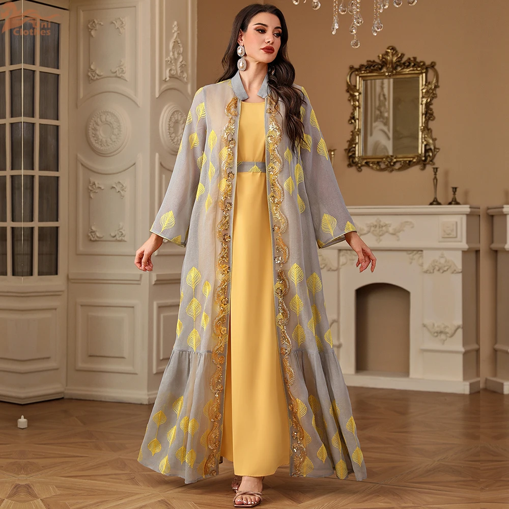 Ramadan Eid Muslim Women Embroidery Kimono Open Abaya Maxi Dress Set 2PCS Caftan Marocain Femme Jalabiya Kaftan Dubai Gown Robe - Image 6