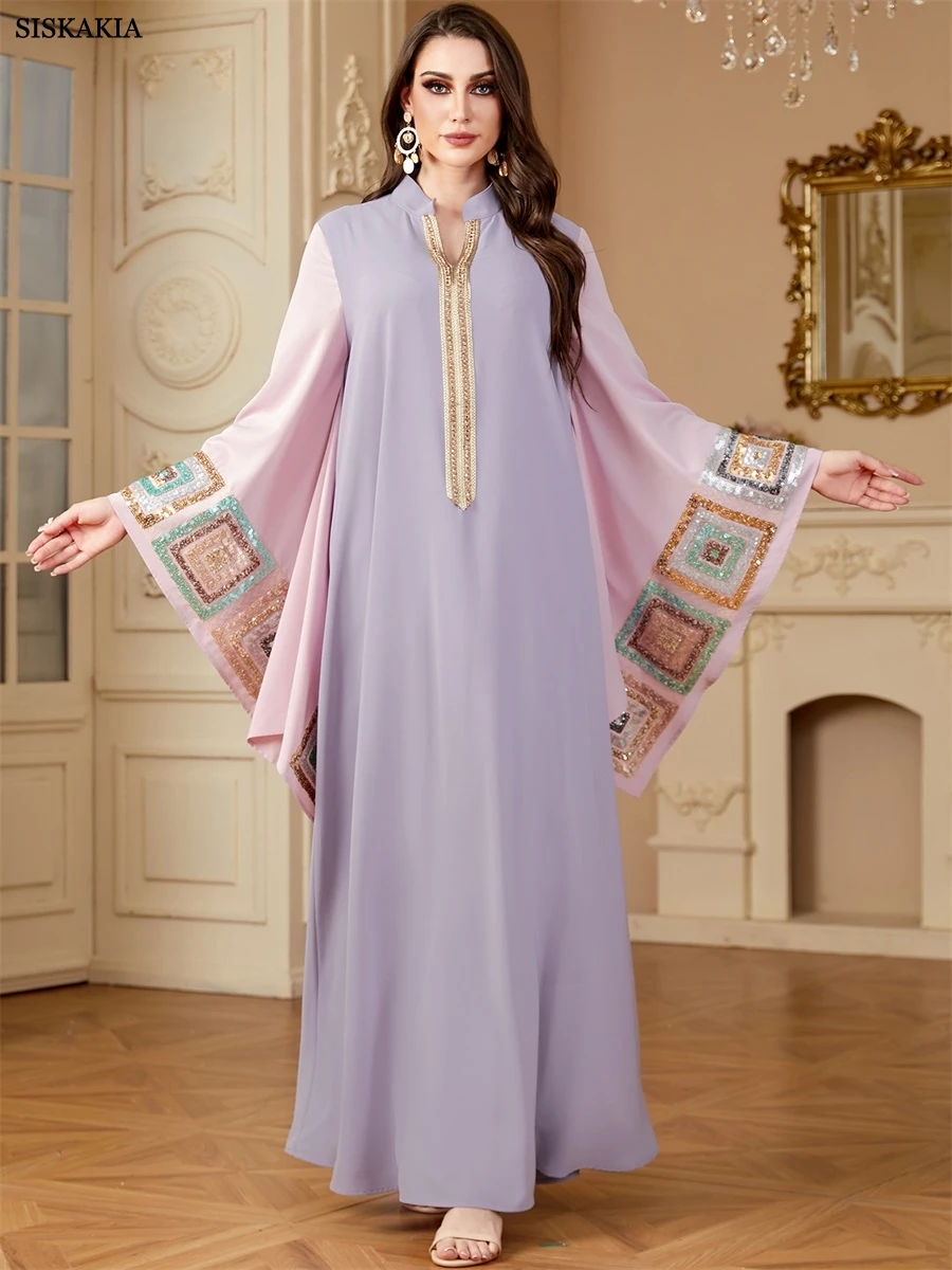 Siskakia Ramadan Dubai Sequins Patchwork Batwing Sleeve Maxi Dress For Women Moroccan Gala Elegant Loose Abayas - Image 3