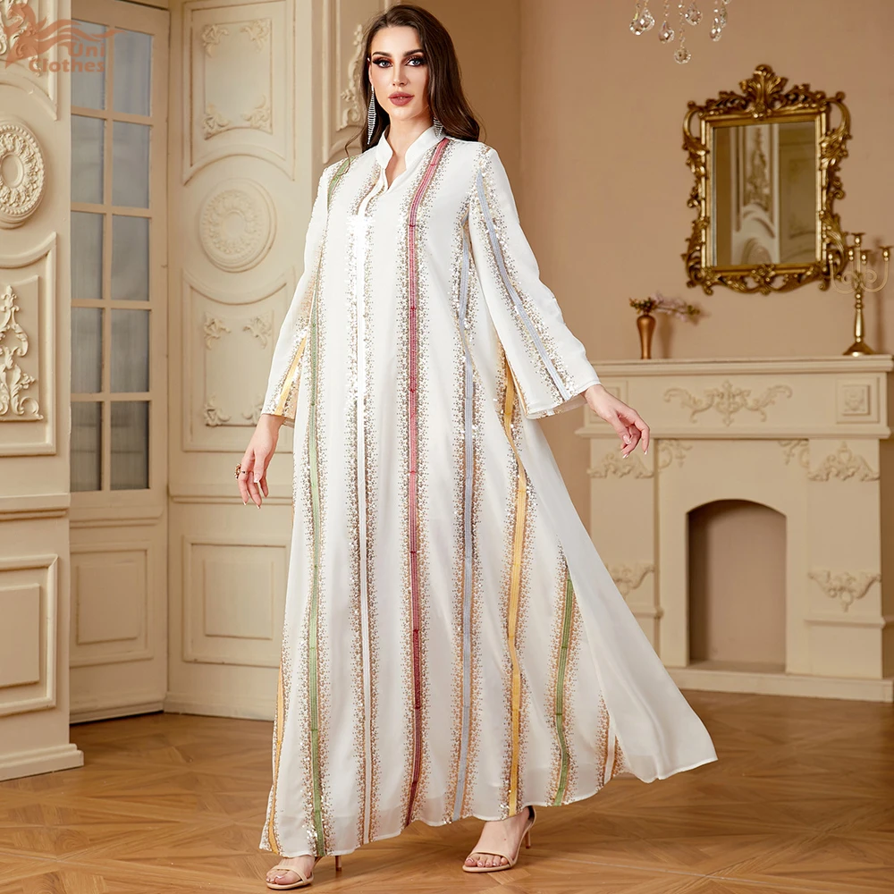 Uni Ramadan Dubai Embroidery Sequins abaya Stripe Loose Kaftan Muslim Elegant Women Evening Dress - Image 4