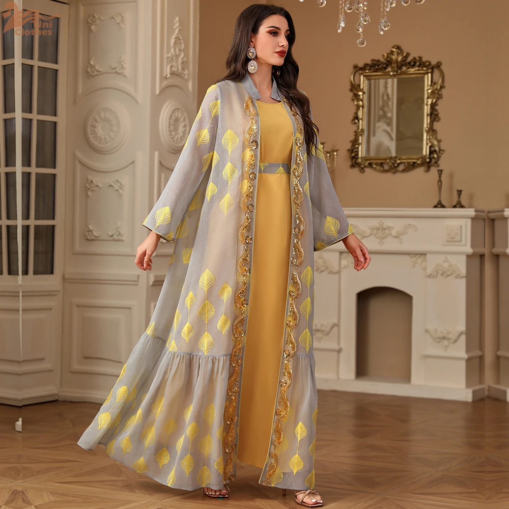 Ramadan Eid Muslim Women Embroidery Kimono Open Abaya Maxi Dress Set 2PCS Caftan Marocain Femme Jalabiya Kaftan Dubai Gown Robe - Image 3