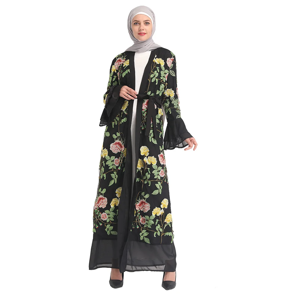 Elegant Lace Embroidered Abaya Dubai Long Robe Muslim Women Outerwear Flared Sleeves Modest Fashion Middle Eastern Style - Image 4