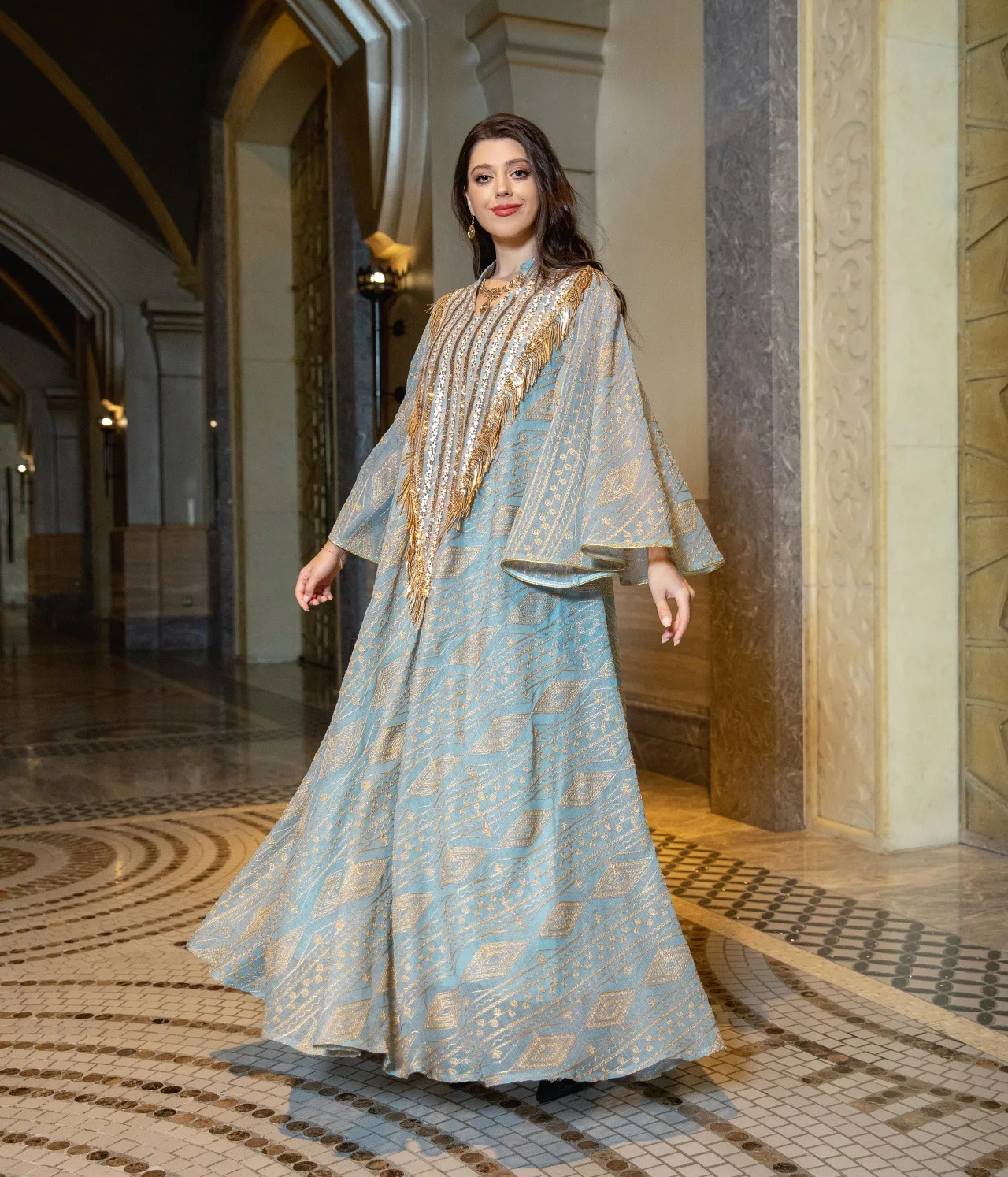 2025 New Luxury Dubai Style Muslim Abaya Light Green with Gold Shine Sequin Embellishments Ideal for Arabian High Society Galas - Image 5