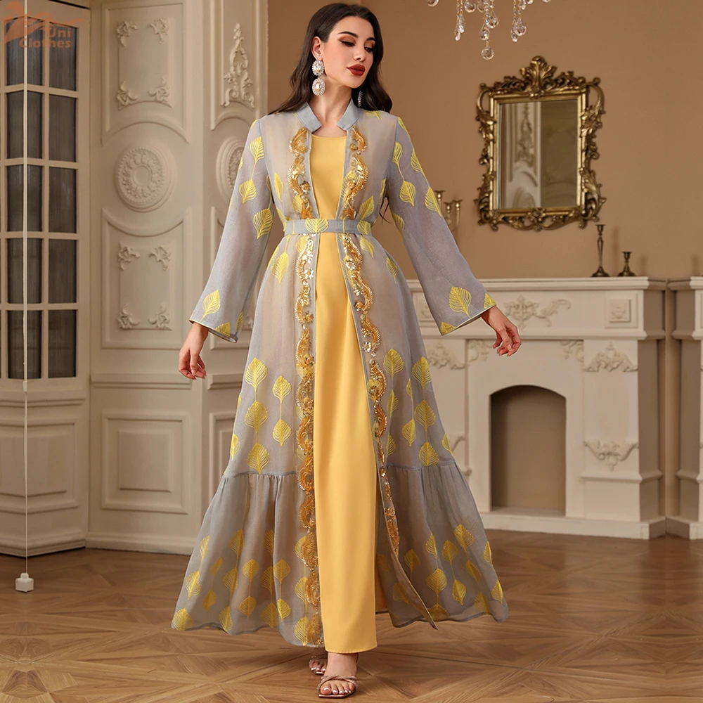 Ramadan Eid Muslim Women Embroidery Kimono Open Abaya Maxi Dress Set 2PCS Caftan Marocain Femme Jalabiya Kaftan Dubai Gown Robe