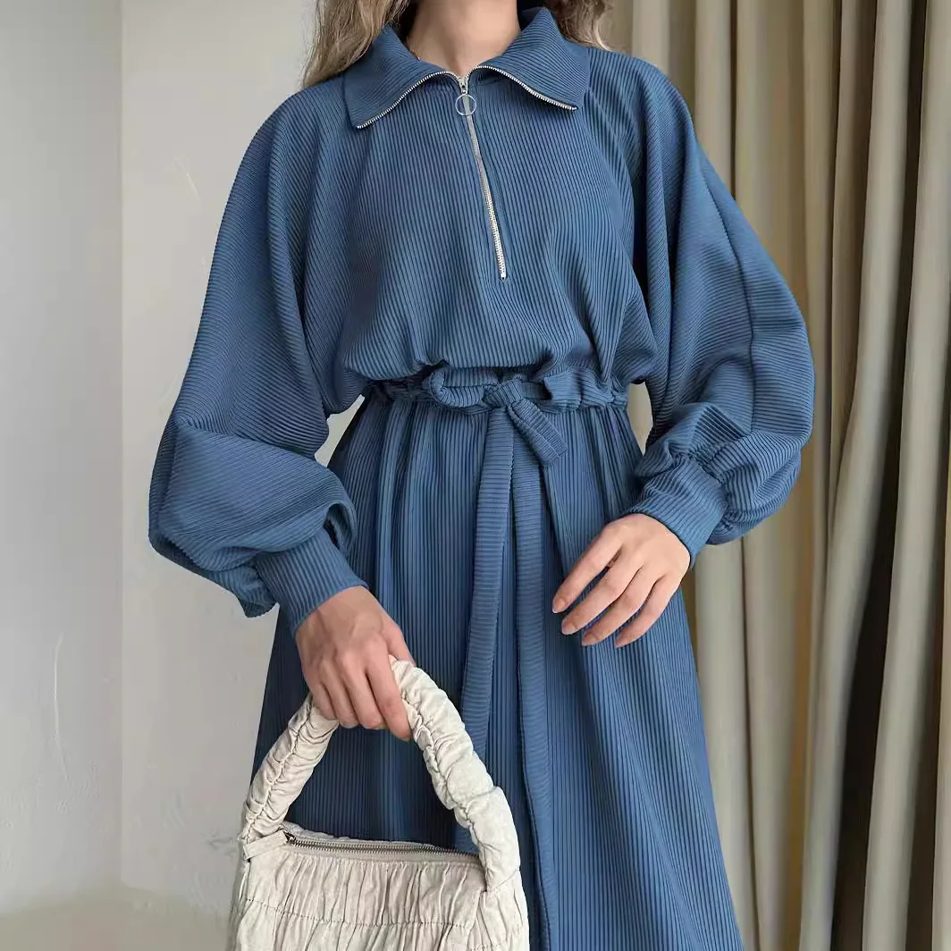 Fashion Muslim Dress New Solid Color Zipper Belt Fashion Lapel Elegant Dress Muslim Women Modest Long Dresses - Image 4