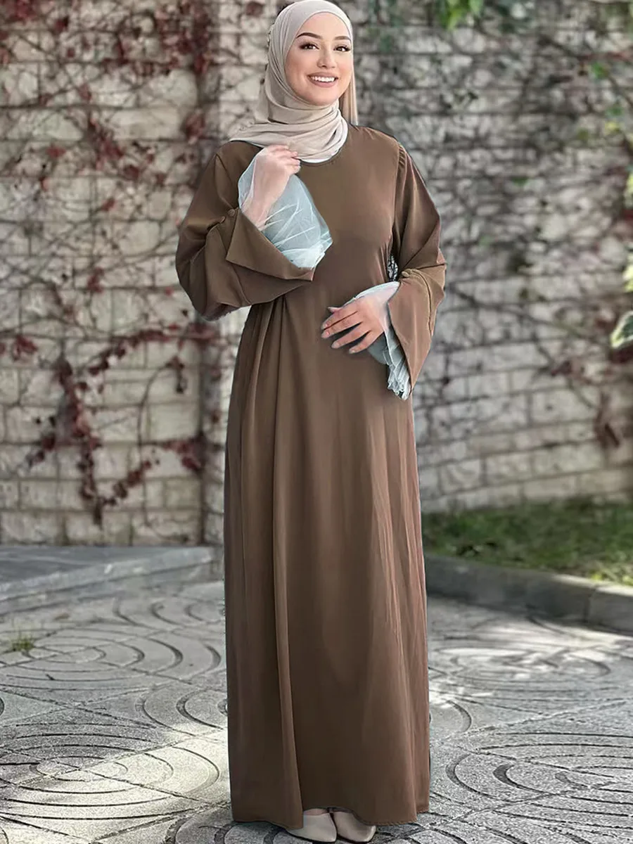 Muslim Women Arabic Dubai Abaya Lace Patchwork Sleeve Long Dress Kaftan Solid Modest Ramadan Robe Femme Islam Clothing Kebaya - Image 4