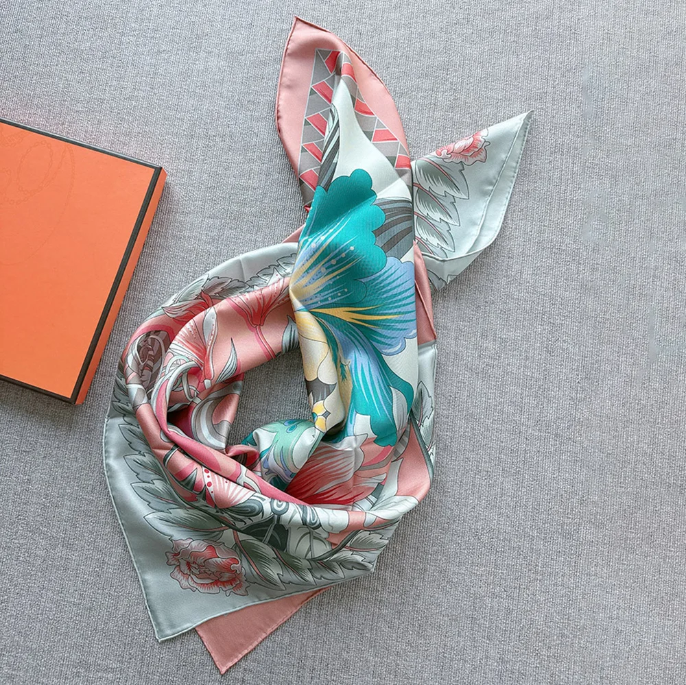 Luxury Brand Pink 90x90 Women Designer Silk Scarf With Flowers Hand Rolled Silk Twill Square Hair Scarf 100% Mulberry Silk Hijab - Image 5