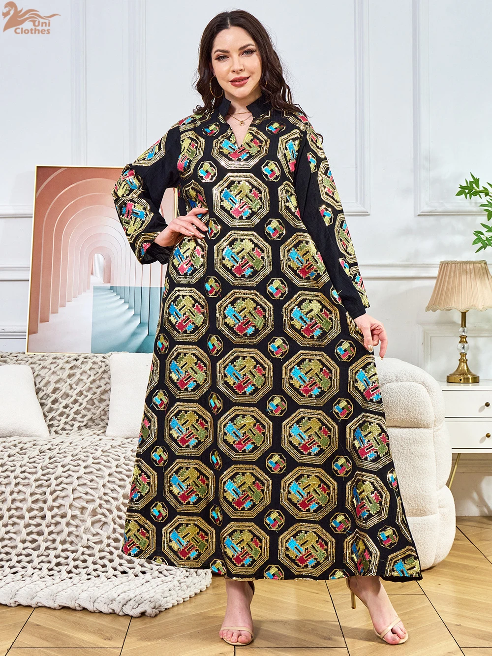Uni Embroideried Sequin Luxurious Dresses With Long Sleeves Muslim Dubai Fashion Elegant Loose Abayas Women's Evening Dress - Image 2