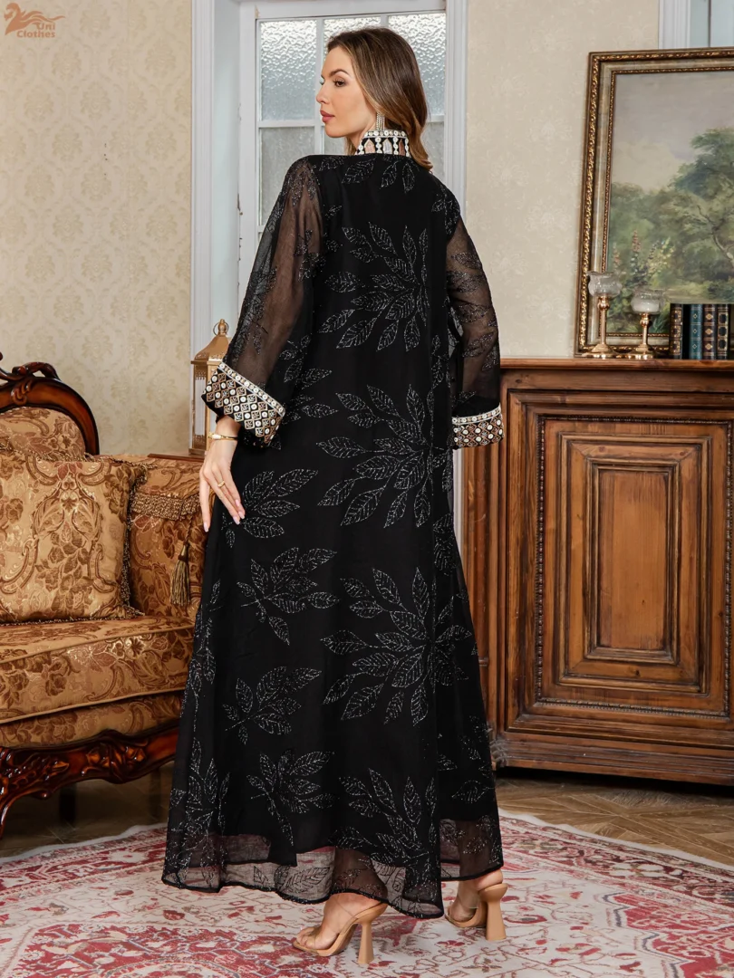 Elegant Muslim Dress Embroidery Mesh Sleeves Abaya Middle East Clothes Women Robe Islamic Fashion V-Neck Gown Evening Party Wear - Image 2