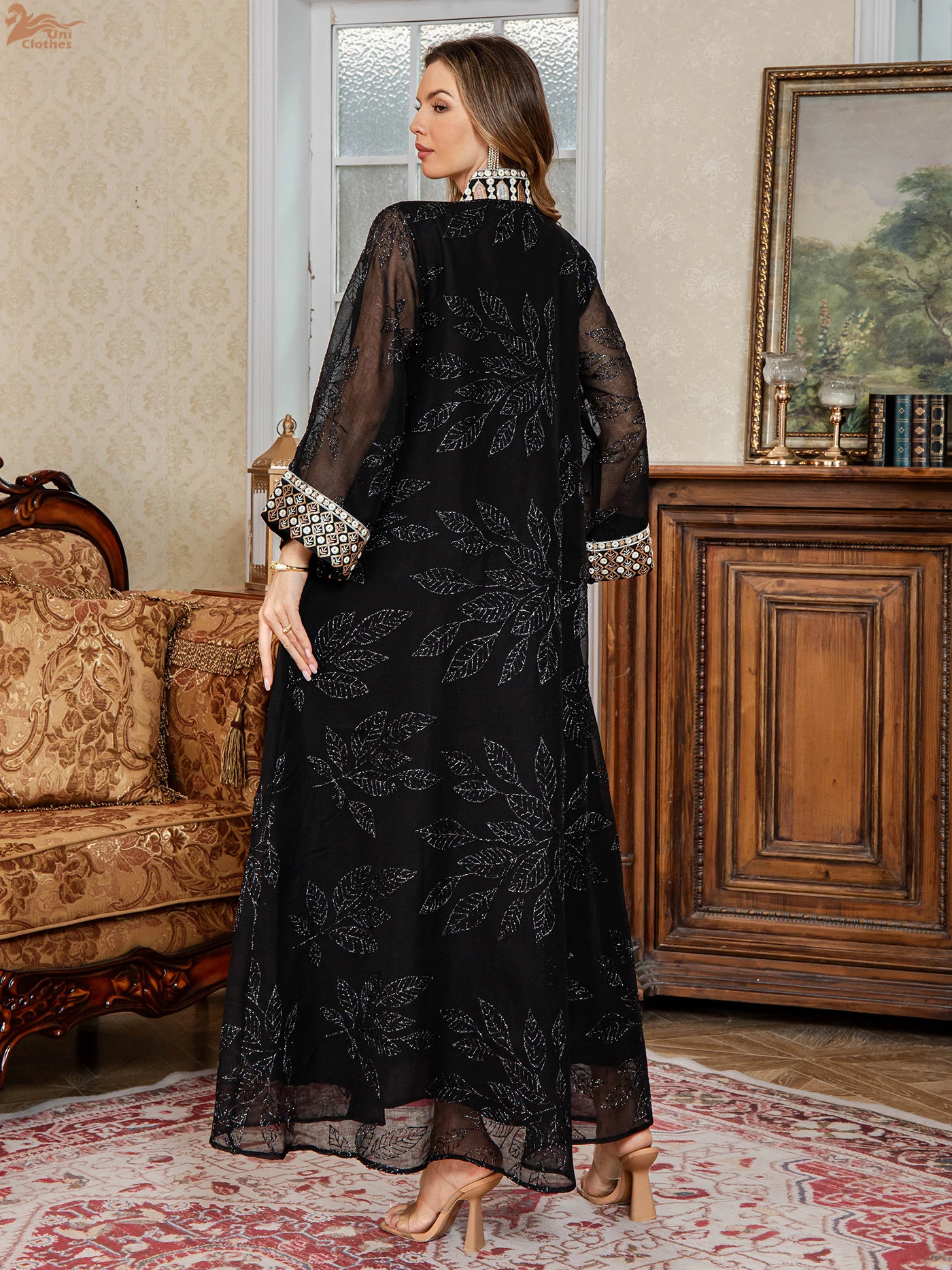 Elegant Muslim Dress Embroidery Mesh Sleeves Abaya Middle East Clothes Women Robe Islamic Fashion V-Neck Gown Evening Party Wear - Image 2