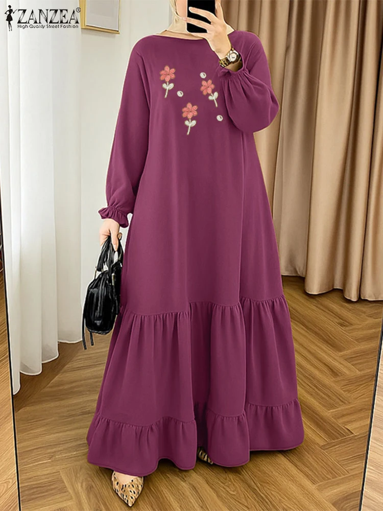 ZANZEA Fashion Women Autumn Long Lantern Sleeve Muslim Dress Dubai Abaya Embroidery Maxi Dresses Robe Femme Floral Vestidos 2025