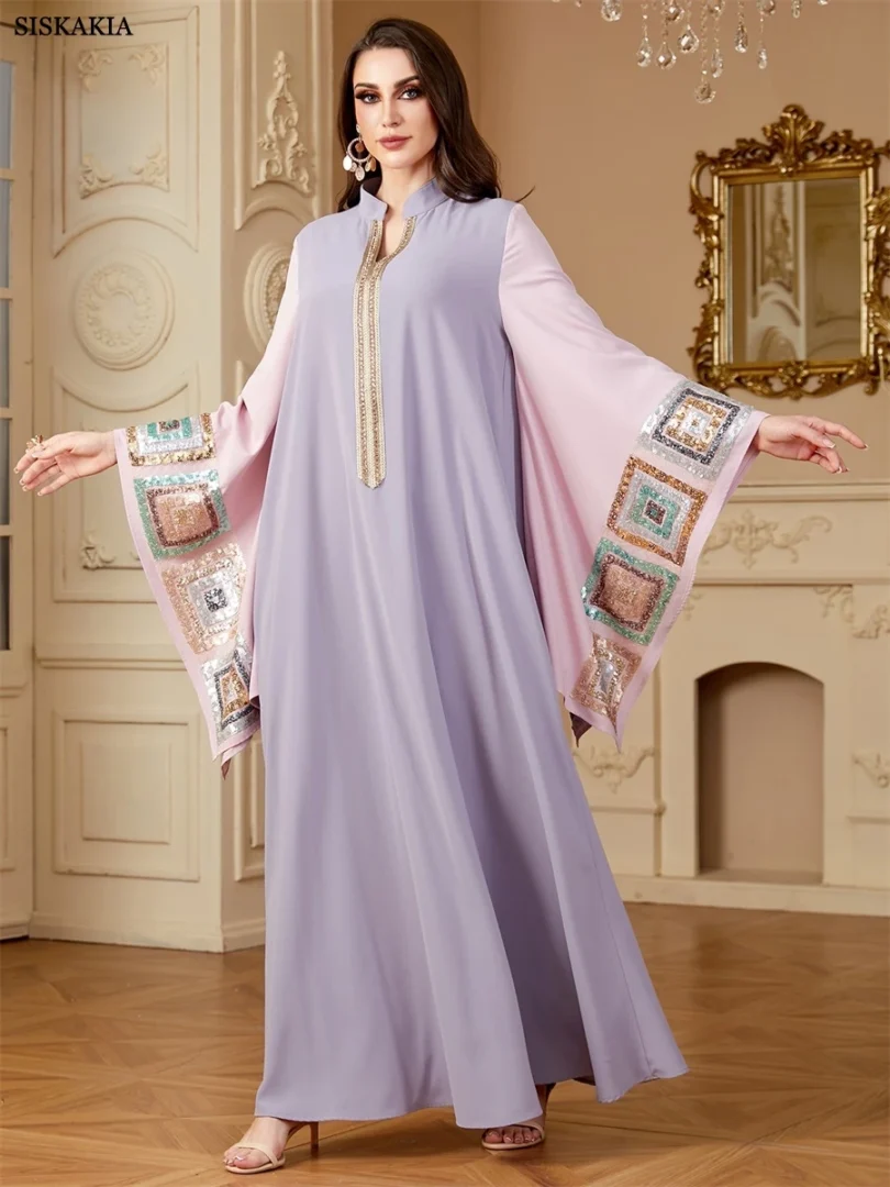 Siskakia Ramadan Dubai Sequins Patchwork Batwing Sleeve Maxi Dress For Women Moroccan Gala Elegant Loose Abayas - Image 6