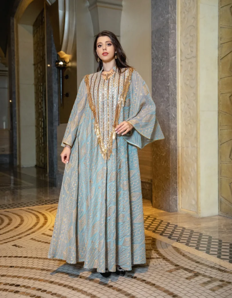 2025 New Luxury Dubai Style Muslim Abaya Light Green with Gold Shine Sequin Embellishments Ideal for Arabian High Society Galas - Image 2