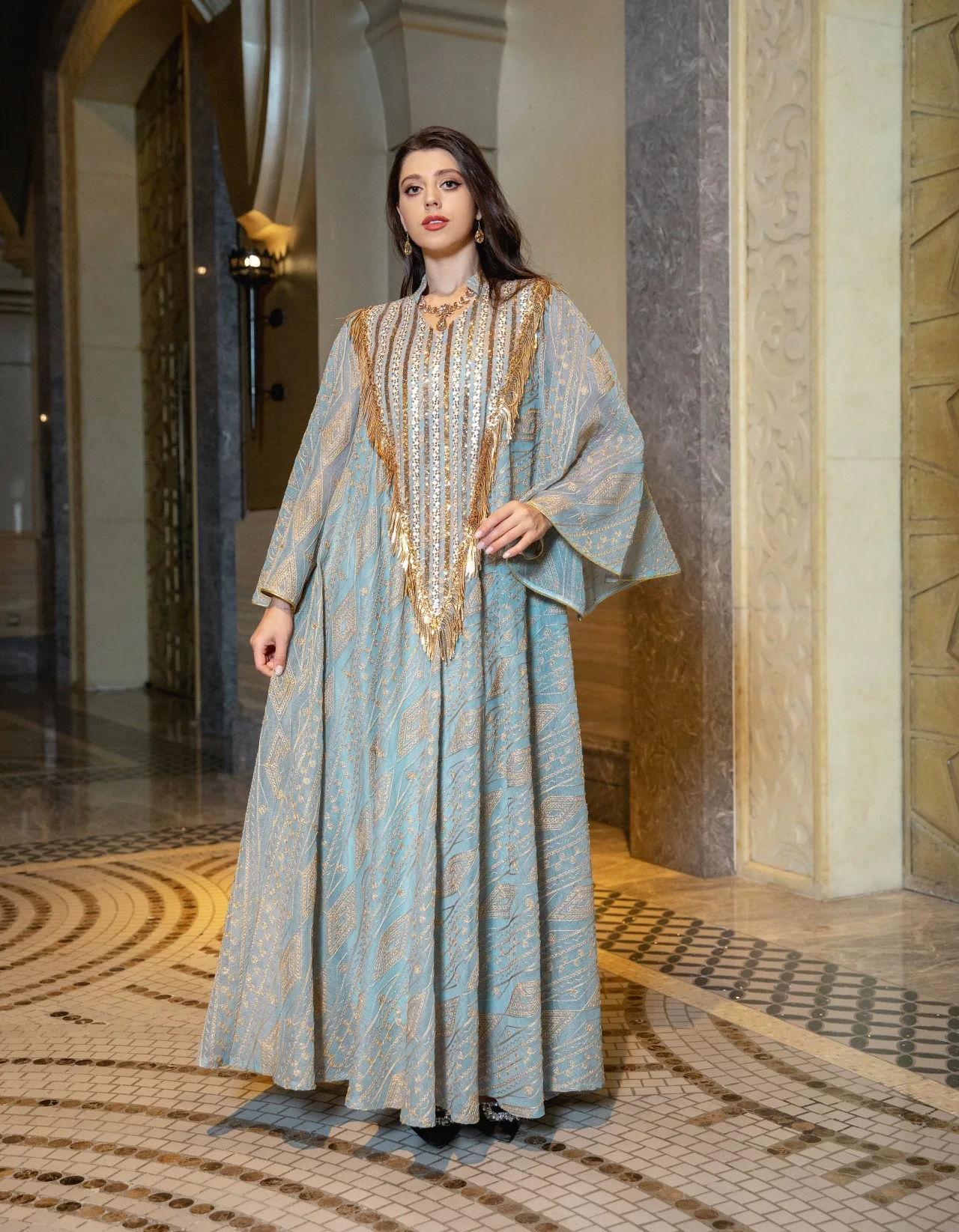 2025 New Luxury Dubai Style Muslim Abaya Light Green with Gold Shine Sequin Embellishments Ideal for Arabian High Society Galas - Image 2