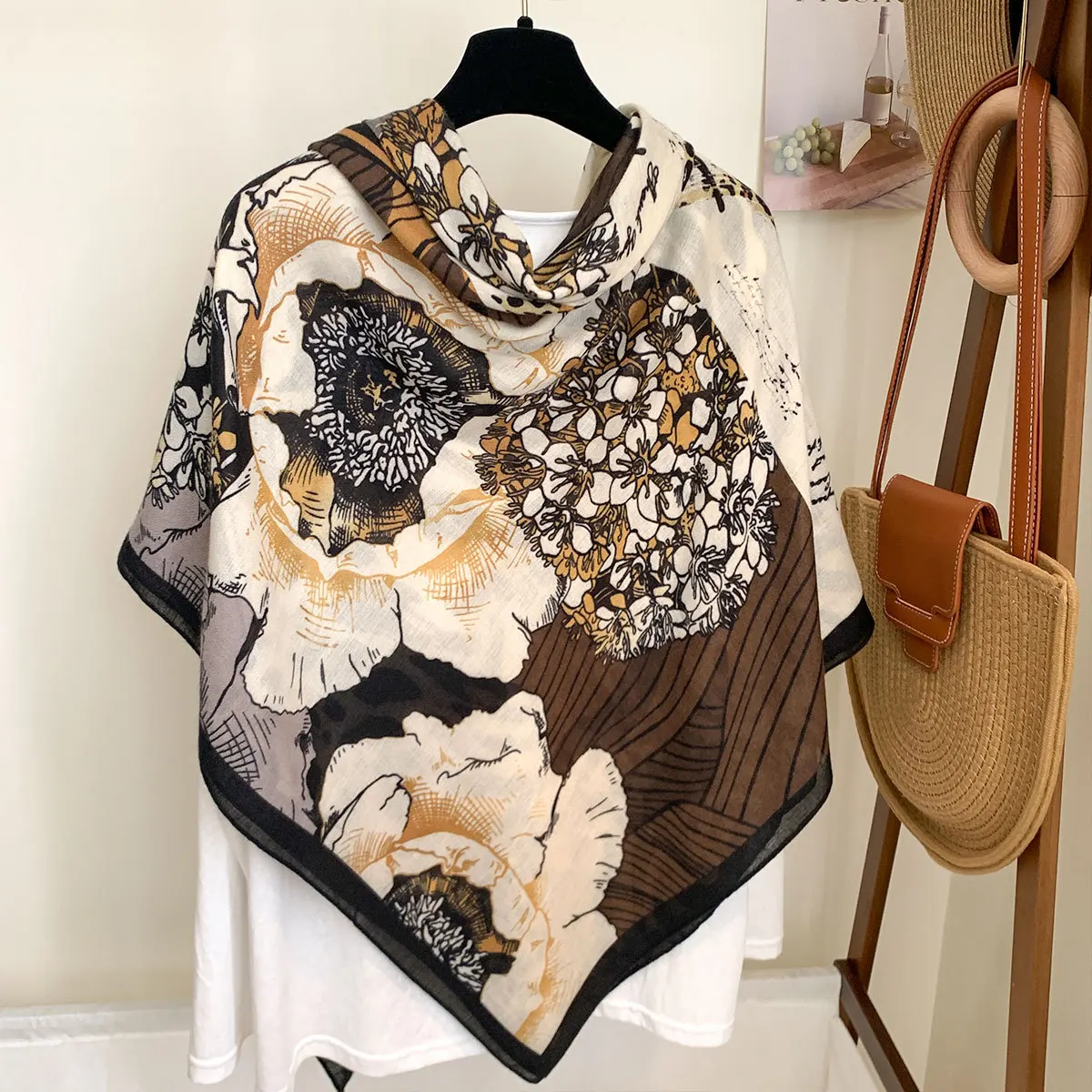 2025 130cm Cotton Linen Floral Leopard Print Square Scarf Women Vintage Sun Shawl All-season Bandana Hijab Versatile Hemming - Image 4