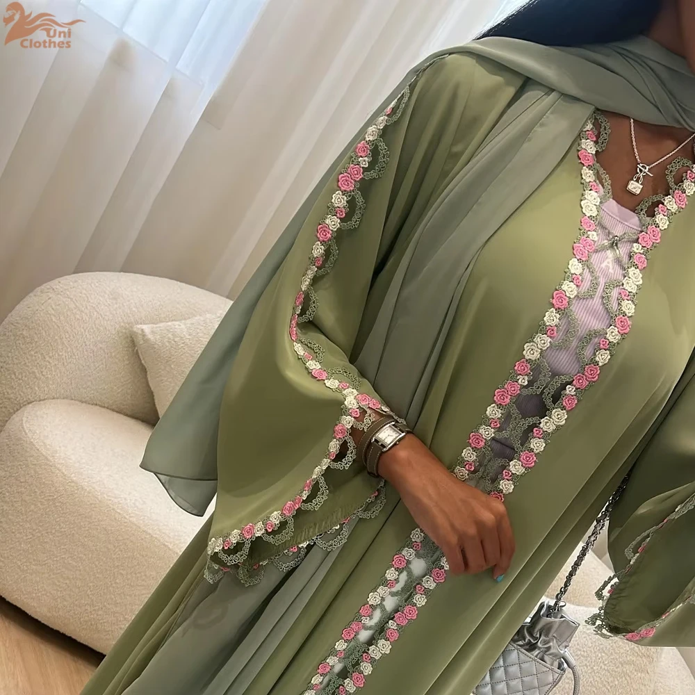 2025 Islamic Clothing Lace Floral Embroidery Luxury Abaya Dubai Kimono Modest Open Abaya Women Muslim Dress - Image 5