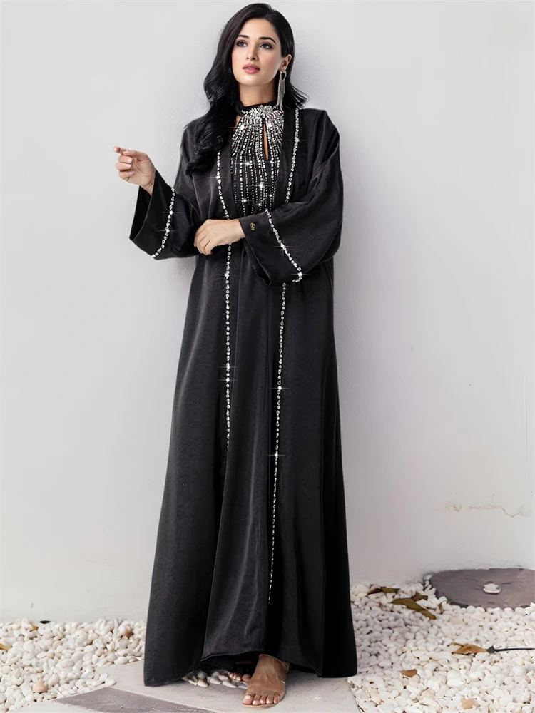 Ramadan Black 2 Piece Abaya Dubai Luxury Set With Chain Muslim Prayer Clothes Women Dresses Caftan Marocain Robe Femme Musulmane