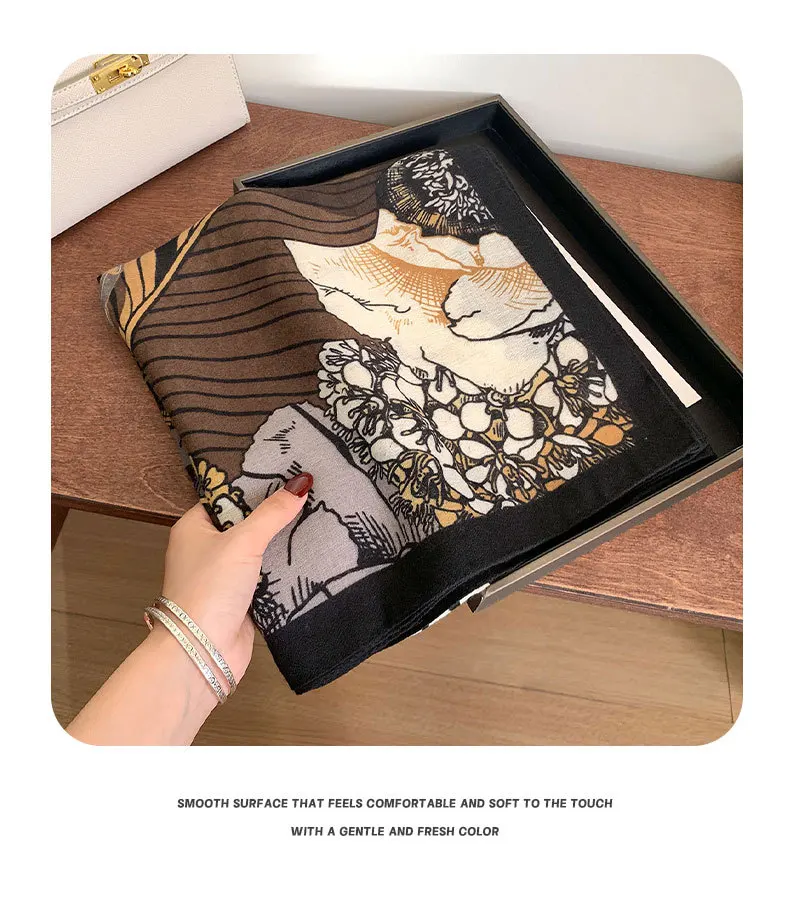 2025 130cm Cotton Linen Floral Leopard Print Square Scarf Women Vintage Sun Shawl All-season Bandana Hijab Versatile Hemming - Image 6