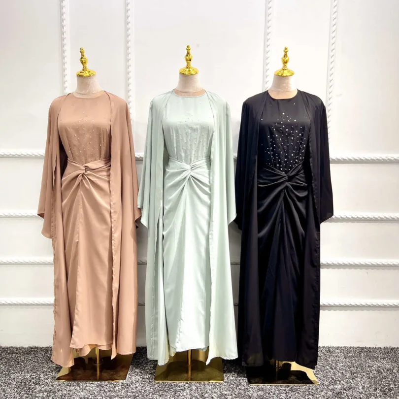 Turkish Solid Color Fashion Beaded Three Piece Set Muslim Women Outfit Abaya Jilbab Hijab Modest Clothing - Image 3