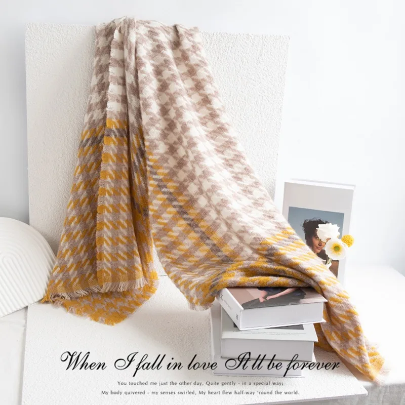 New luxury 100% Wool Plaid Scarf Women Autumn Winter Warm Shawl Hijab Soft Lightly Hair Wrap Fashionable Versatile Head Scarves - Image 6