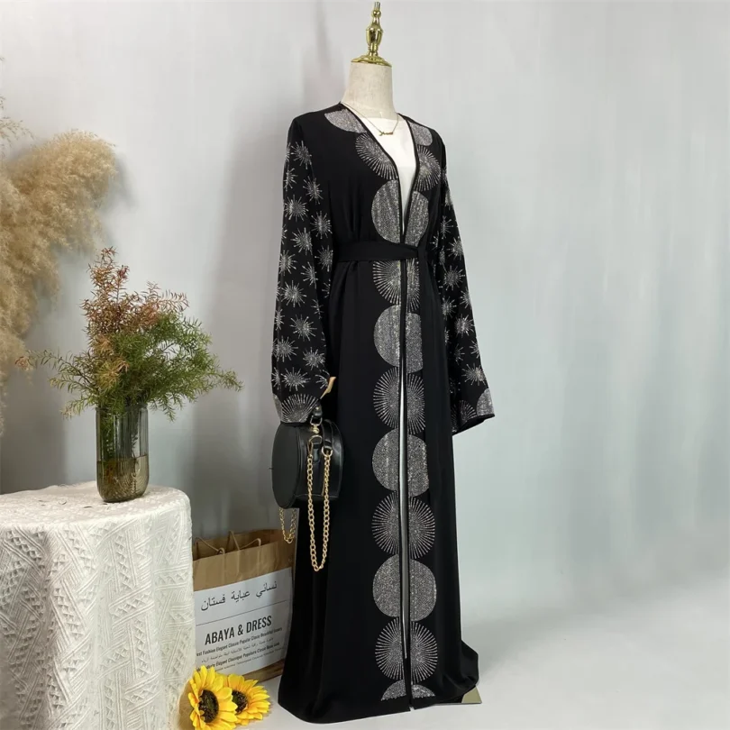 Shiny Black Dubai Abaya For Muslim Women With Belt Luxury Silver Rhinestone Diamond For Ramadan Party Elegant Turkey Kebaya - Image 6