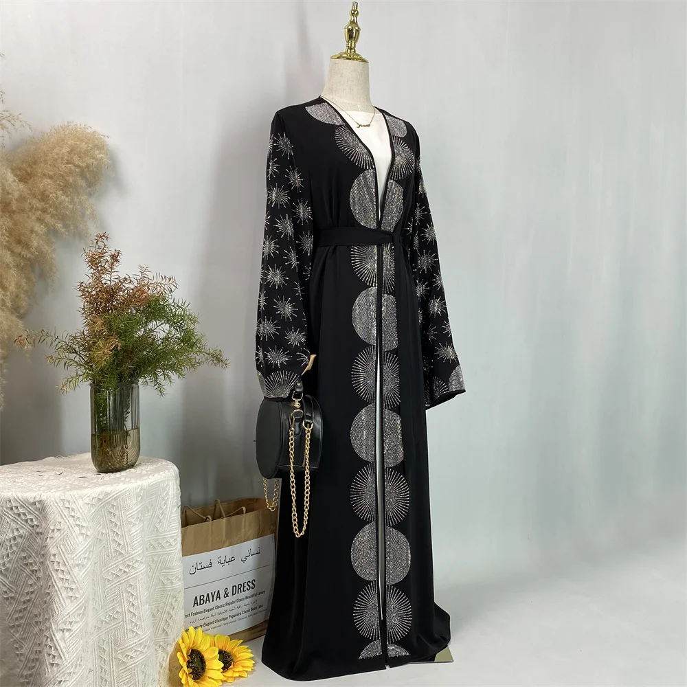 Shiny Black Dubai Abaya For Muslim Women With Belt Luxury Silver Rhinestone Diamond For Ramadan Party Elegant Turkey Kebaya - Image 6