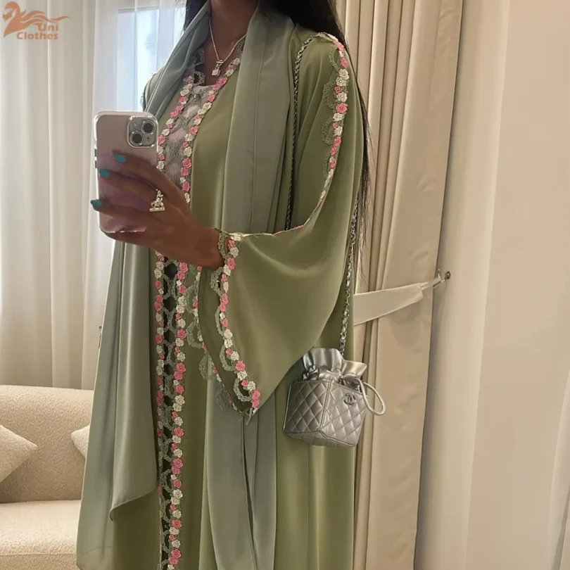 2025 Islamic Clothing Lace Floral Embroidery Luxury Abaya Dubai Kimono Modest Open Abaya Women Muslim Dress - Image 6