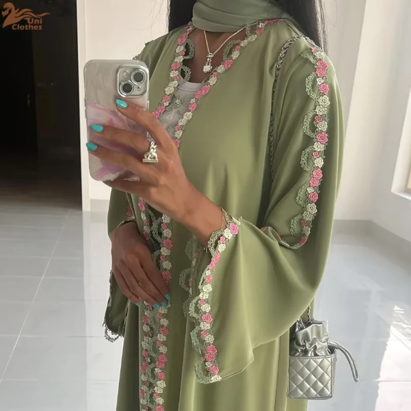 2025 Islamic Clothing Lace Floral Embroidery Luxury Abaya Dubai Kimono Modest Open Abaya Women Muslim Dress - Image 2
