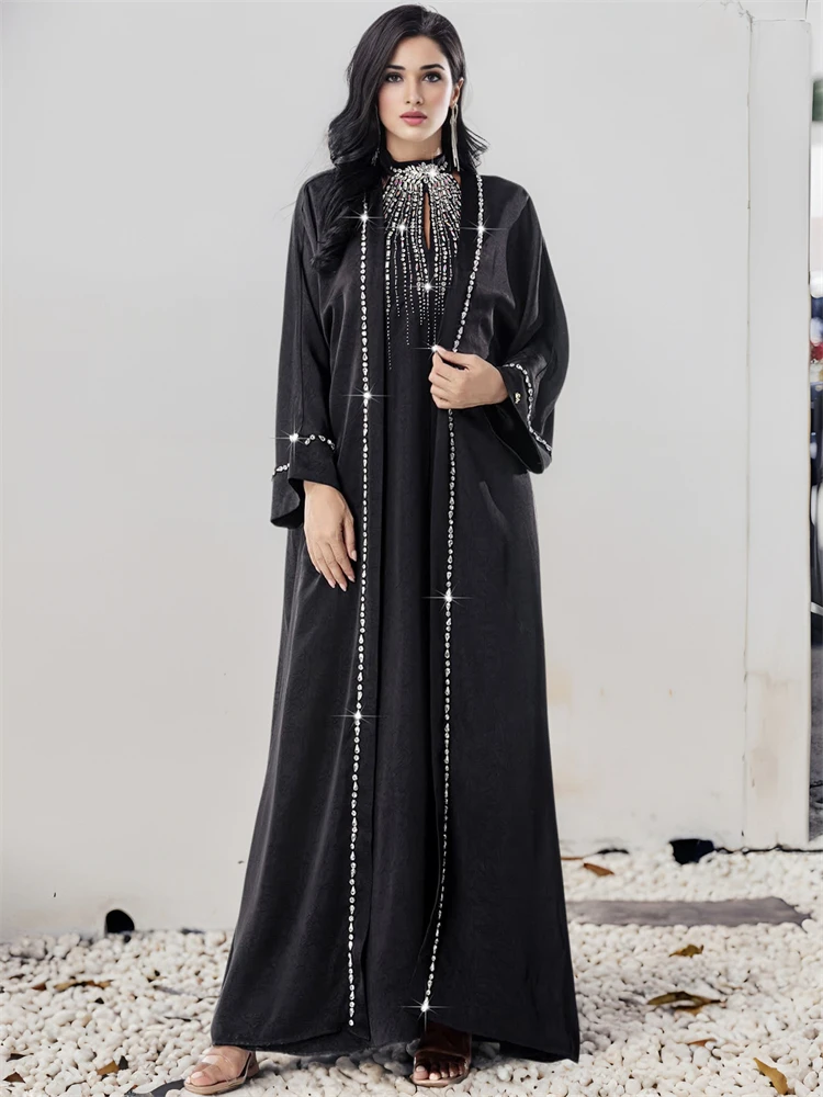 Ramadan Black 2 Piece Abaya Dubai Luxury Set With Chain Muslim Prayer Clothes Women Dresses Caftan Marocain Robe Femme Musulmane - Image 3