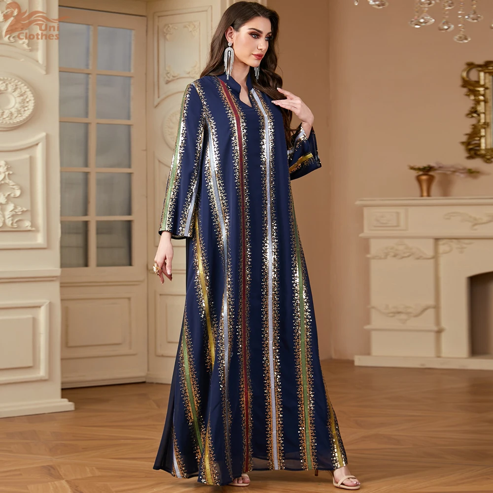 Uni Ramadan Dubai Embroidery Sequins abaya Stripe Loose Kaftan Muslim Elegant Women Evening Dress - Image 3